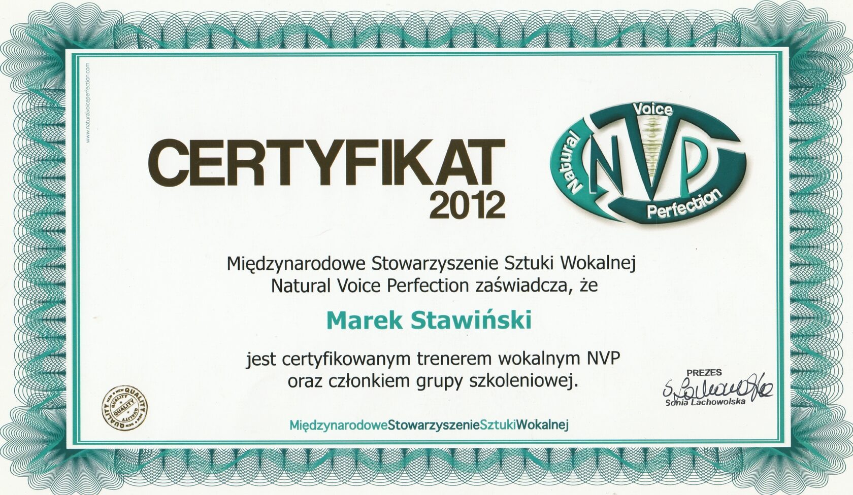 2012 Certyfikat Trenerski NVP